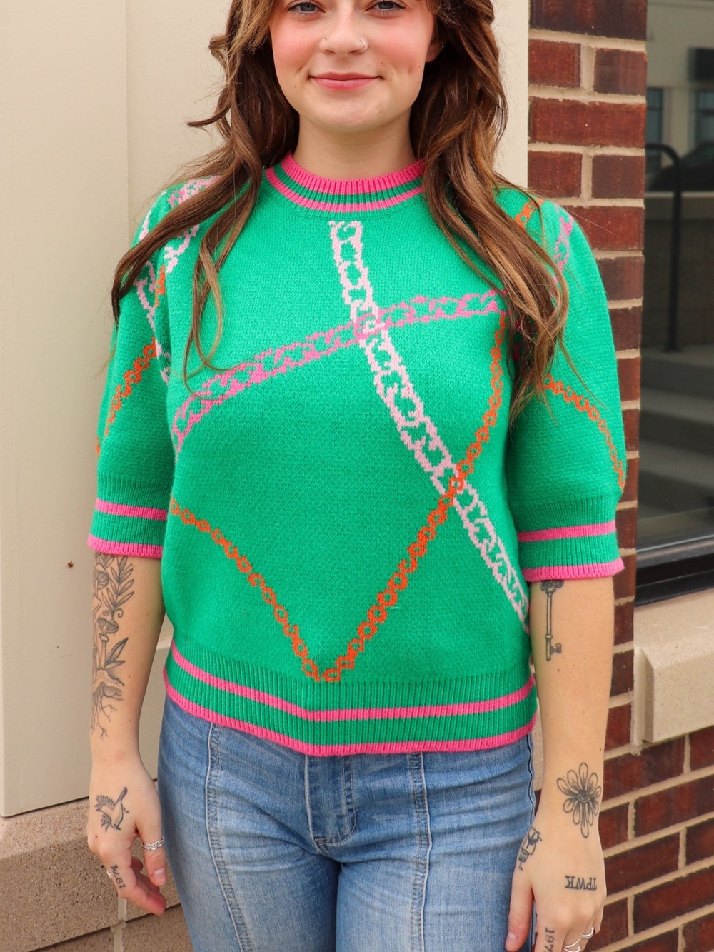 THML Green Short-Sleeve Crewneck Sweater with Pink & Orange Accents